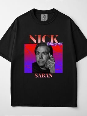 Nick Saban Football Black Graphic Tee  2XL with Red-Purple Photo Print